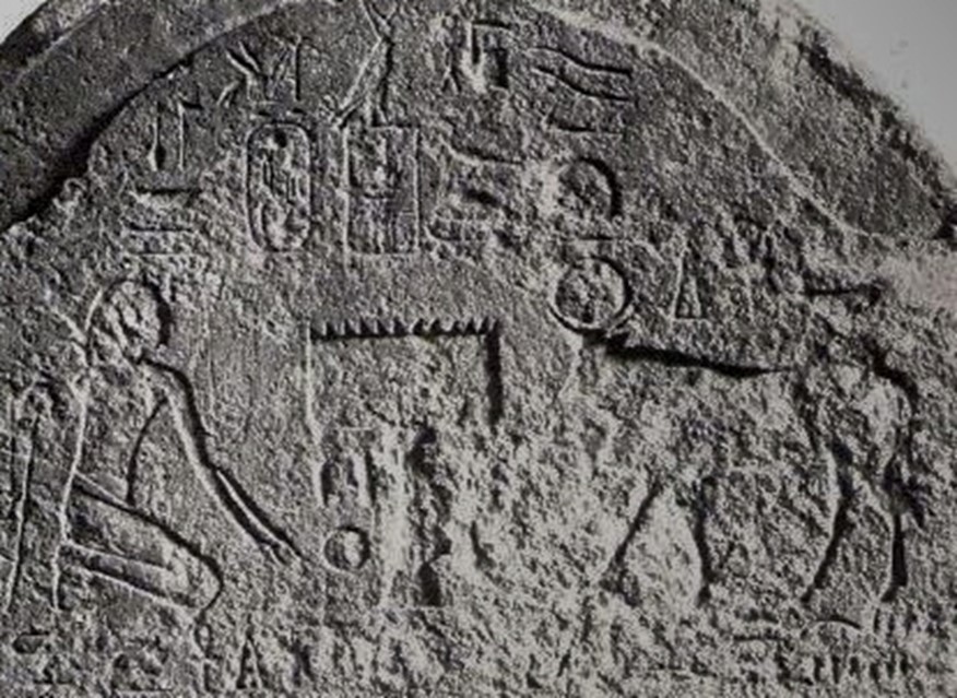 تصویر 1: در سمت چپ تصویر، کمبوجیه با پوشش یک فرعون مصری در حال زانو زدن و پرستش گاو آپیس دیده می‌شود. سنگ قبر گاو آپیس. سال ششم پادشاهی کمبوجیه (524 ق.م.)
